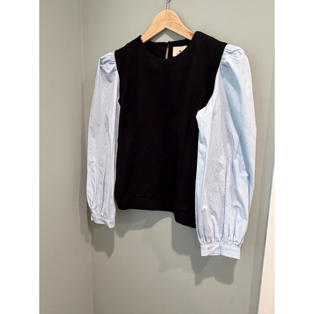 Tuckernuck Womens Mixed Media Puff Sleeve Blouse Black Blue Size M - Picture 4 of 9